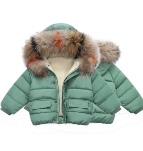 Boys and Girls Autumn and Winter New Solid Color Hooded Wool Collar with Plush and Thickened Windproof and Warm Cotton Coat