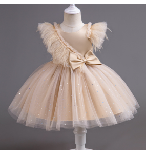 Summer Girls' New Bow Sequin Flying Sleeves Mesh Fluffy Skirt Piano Competition School Graduation Ceremony Dress