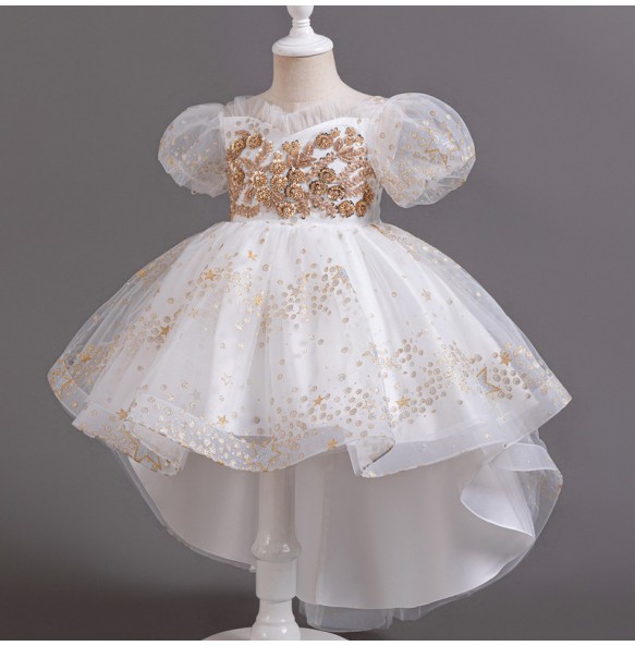 Summer New Girl's Sequin Sticker Tail Mesh Fluffy Dress Wedding Flower Children's Day Party Bubble Sleeve Princess Dress