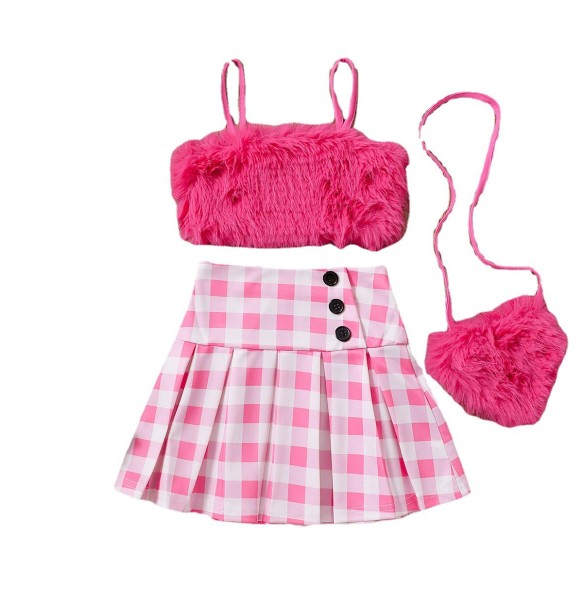 New Baby Girls Barbie Pink Fake Leather Slip Vest + Plaid Skirt + Love Heart Bag Clothing Set Kids Fashion Cool Hot Pink Clothes