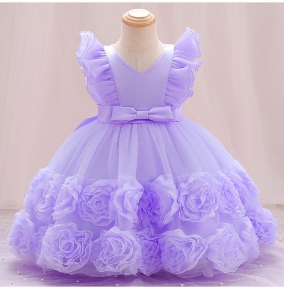 Summer New Little Flying Sleeves Applique Bow Tie Girls' Puffy Dress Birthday Party Wedding Flower Boy Christmas Dress