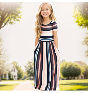 Baby Girl Striped Print Long Dress Toddler Girls Bohemian Flower Dress Kids Causal Clothes Polyester Soft Summer Beachwear Dress