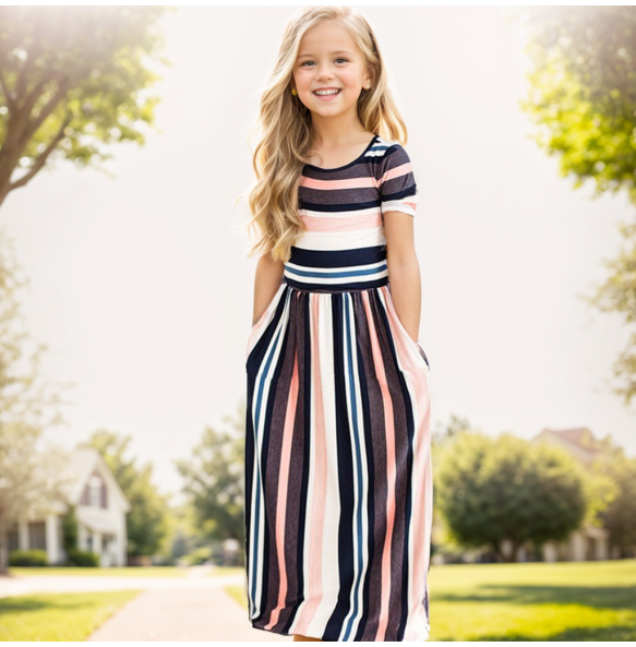 Baby Girl Striped Print Long Dress Toddler Girls Bohemian Flower Dress Kids Causal Clothes Polyester Soft Summer Beachwear Dress