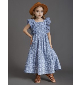 New 2023 Flower Girls Princess Long Dresses Baby Kids Lace Ruffle Armhole Embroidery Vestidos Costume Children Clothing