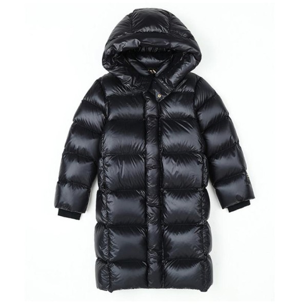 Boys and Girls Winter New Black and Gold Long Knee Length Plush and Thick Hooded Windproof and Warm Fashionable Cotton Jacket