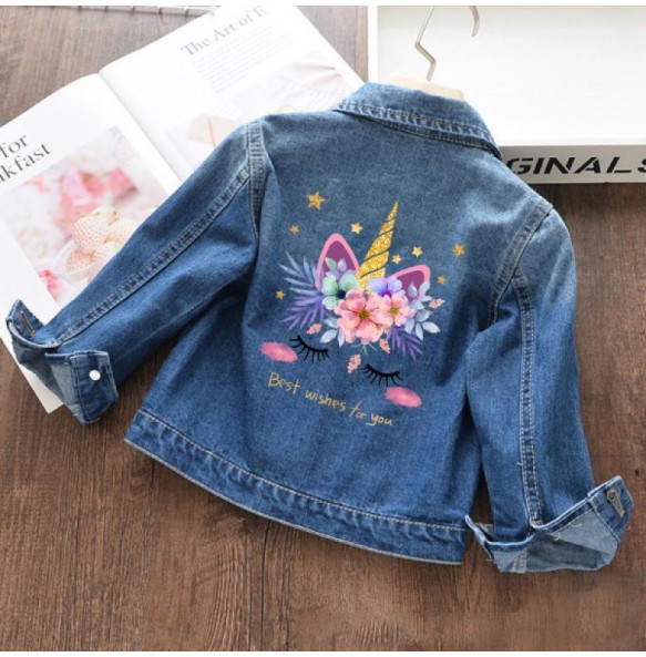 Autumn and winter Boys and Girls New Unicorn Excavator Cartoon Cute Print Polo Collar Long Sleeved Denim Coat for 2-10 Years