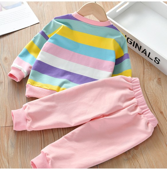 Baby Girls Rainbow Striped Spring Autumn Sport Causal Clothing Sets Children Kids Hoody T Shirt Pants Clothes for 2 to 8 years