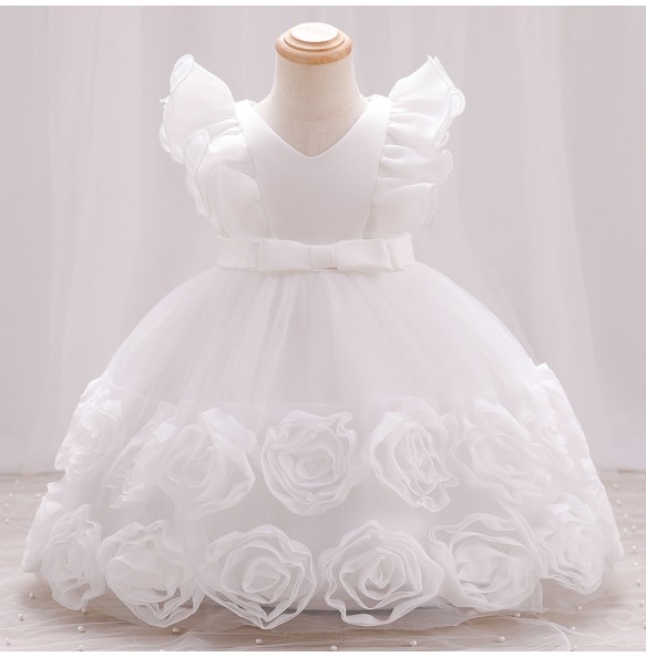 Summer New Little Flying Sleeves Applique Bow Tie Girls' Puffy Dress Birthday Party Wedding Flower Boy Christmas Dress