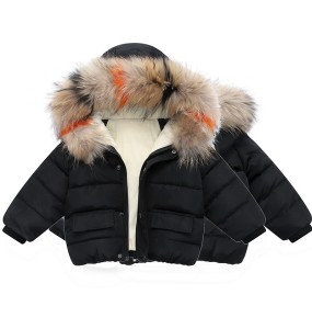 Boys and Girls Autumn and Winter New Solid Color Hooded Wool Collar with Plush and Thickened Windproof and Warm Cotton Coat