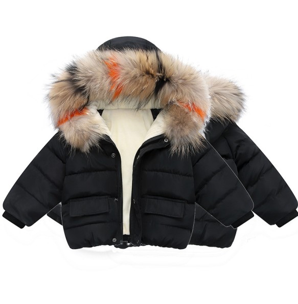 Boys and Girls Autumn and Winter New Solid Color Hooded Wool Collar with Plush and Thickened Windproof and Warm Cotton Coat