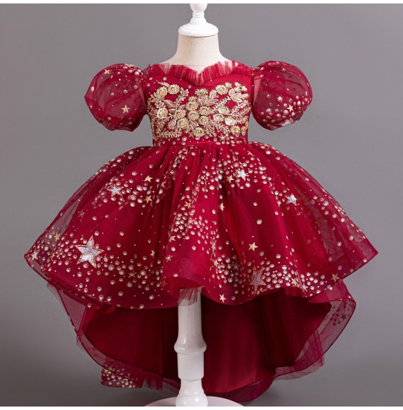 Summer New Girl's Sequin Sticker Tail Mesh Fluffy Dress Wedding Flower Children's Day Party Bubble Sleeve Princess Dress