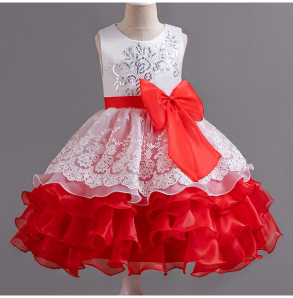 Summer New Girl's Sequin Color Block Sleeveless Mesh Dress with Big Bow Birthday Party School Graduation Evening Dress