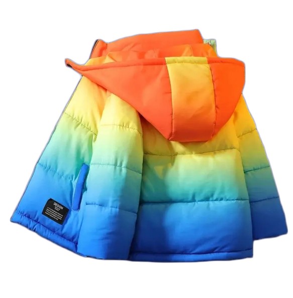 Boys' Winter Hooded Rainbow Long Sleeved Warm and Windproof Cotton Jacket Fashionable and Versatile Gradient Jacket