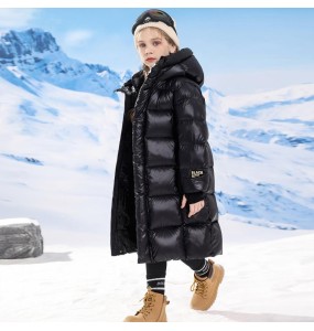 Boys and Girls Winter New Black and Gold Long Knee Length Plush and Thick Hooded Windproof and Warm Fashionable Cotton Jacket