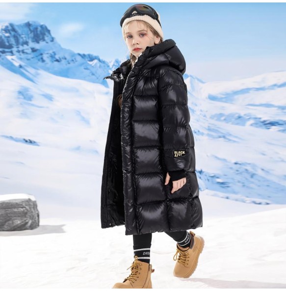 Boys and Girls Winter New Black and Gold Long Knee Length Plush and Thick Hooded Windproof and Warm Fashionable Cotton Jacket