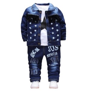 Baby Kids Denim Jacket Boys Coat Toddler Sport Clothes Suit Clothing Set Cotton Jeans Coat T-shirt Pants Star Tracksuit Children