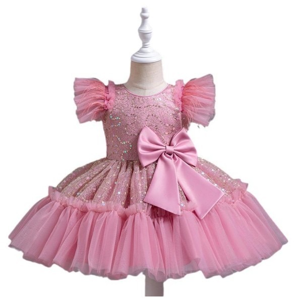 Summer New Girl's Sequin Flying Sleeves Big Bow Mesh Spliced Dress Birthday Party Wedding Flower Girl Princess Dress