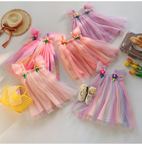 Summer Princess Girls Tulle Super Fairy Dresses Rainbow Flower Party Tutu Dress Children Mesh Puffy Birthday Vestidos Clothing