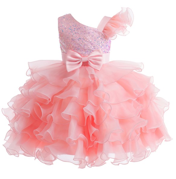 Girl's New Bow Sequin Rainbow Mesh Asymmetrical Collar Fluffy Skirt Sticker Birthday Party Stage Performance Dress