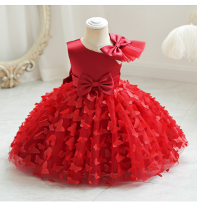 New Cute Butterfuly Flower Girls Brithday Wedding Dress Baby Kids Beauty Dress With Bownot