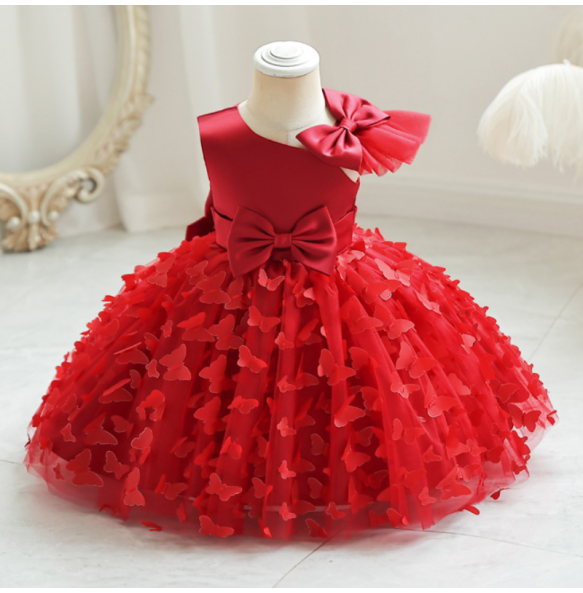 New Cute Butterfuly Flower Girls Brithday Wedding Dress Baby Kids Beauty Dress With Bownot