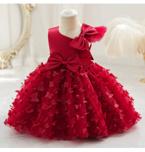 New Cute Butterfuly Flower Girls Brithday Wedding Dress Baby Kids Beauty Dress With Bownot