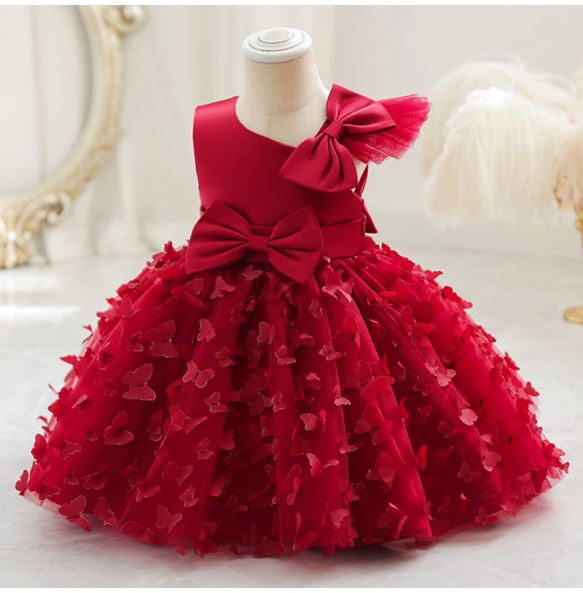 New Cute Butterfuly Flower Girls Brithday Wedding Dress Baby Kids Beauty Dress With Bownot