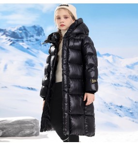 Boys and Girls Winter New Black and Gold Long Knee Length Plush and Thick Hooded Windproof and Warm Fashionable Cotton Jacket