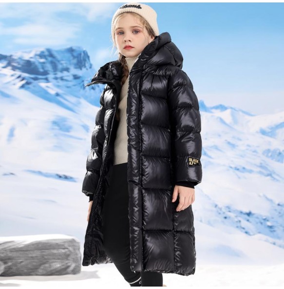 Boys and Girls Winter New Black and Gold Long Knee Length Plush and Thick Hooded Windproof and Warm Fashionable Cotton Jacket