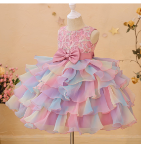 Summer New Wedding Flower Girl Birthday Party Rainbow Bow Fluffy Skirt Christmas School Stage Drama Mesh Performance Dress