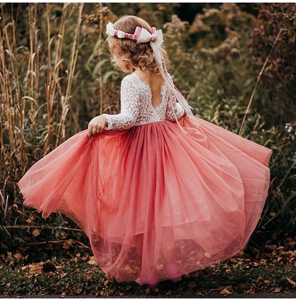 Long Sleeve Teenager Girls Lace Princess Dress Wedding Birthday Party Baby Kids Children Evening Dress for 2 4 6 8 10 12  14