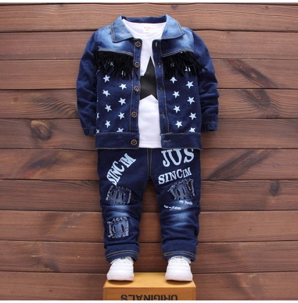 Baby Kids Denim Jacket Boys Coat Toddler Sport Clothes Suit Clothing Set Cotton Jeans Coat T-shirt Pants Star Tracksuit Children