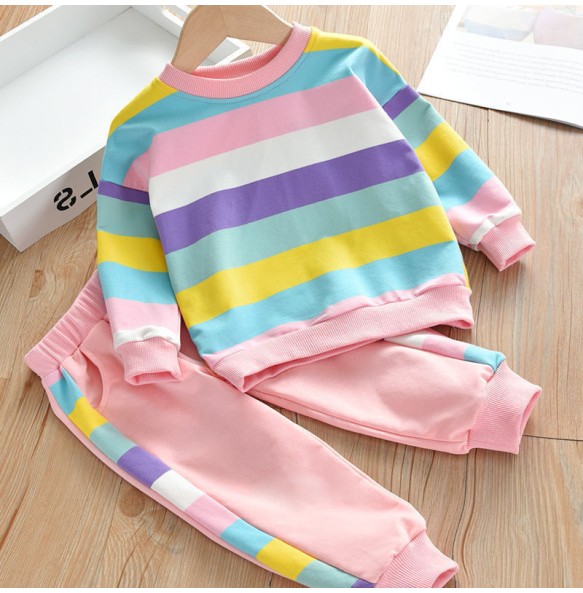 Baby Girls Rainbow Striped Spring Autumn Sport Causal Clothing Sets Children Kids Hoody T Shirt Pants Clothes for 2 to 8 years