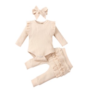 3Pcs Baby Girl Outfit Set Newborn Toddler Kids Clothing Set Baby Girls Lace Ruffles Cotton Bodysuit +Pants+Headband Clothing