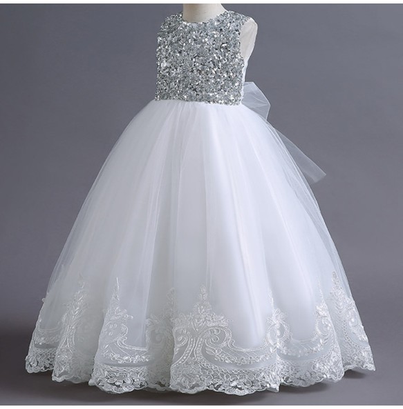 Girls sleeveless Wedding Dress children clothing pearl diamond Party Lace Tulle Princess Birthday Dress Communion Gown for Girl