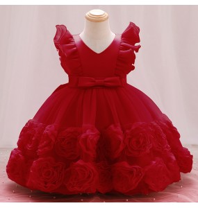 Summer New Little Flying Sleeves Applique Bow Tie Girls' Puffy Dress Birthday Party Wedding Flower Boy Christmas Dress