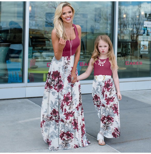 Summer Mother and Daughter Flower Long Dresses Beach Party Bohemia Maxi Dress Sundress Outfits Cotton Beachwear for Parent-Child