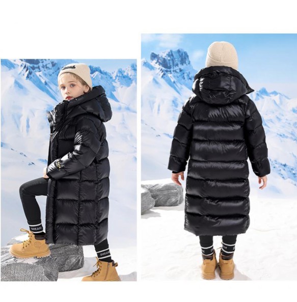 Boys and Girls Winter New Black and Gold Long Knee Length Plush and Thick Hooded Windproof and Warm Fashionable Cotton Jacket