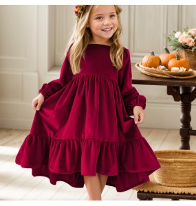 New 7-12 years Girls Spring Autumn Winter Velvet Long Sleeve Ruffle Hem Dress Princess Kids Party Dressess Children Clothing