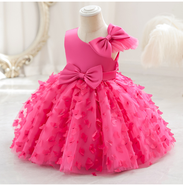 New Cute Butterfuly Flower Girls Brithday Wedding Dress Baby Kids Beauty Dress With Bownot