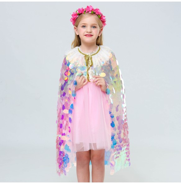 New Little Mermaid Princess Girls Sequins Cape Cloak for Beach Party Clothes Children Rainbow Shawl Cosplay Christmas Wear