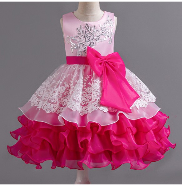 Summer New Girl's Sequin Color Block Sleeveless Mesh Dress with Big Bow Birthday Party School Graduation Evening Dress