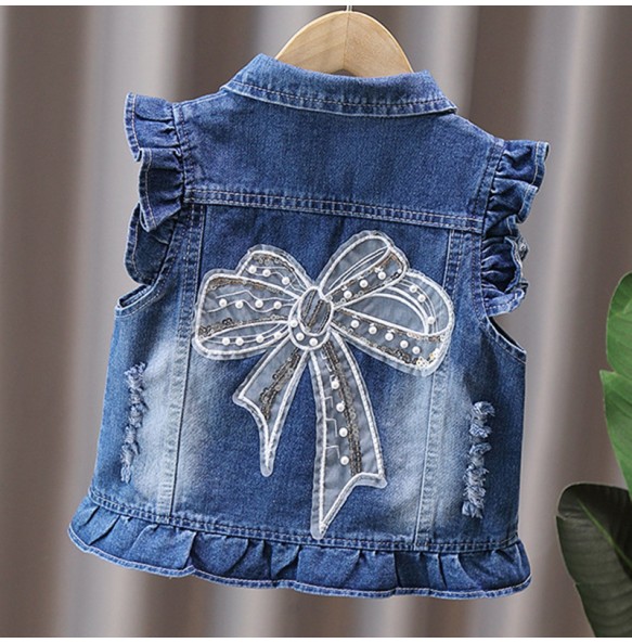 Children's Vest Spring and Autumn New Bow Crown Flower Print Flip Collar Vest Sweet and Cute Fashion Versatile Coat