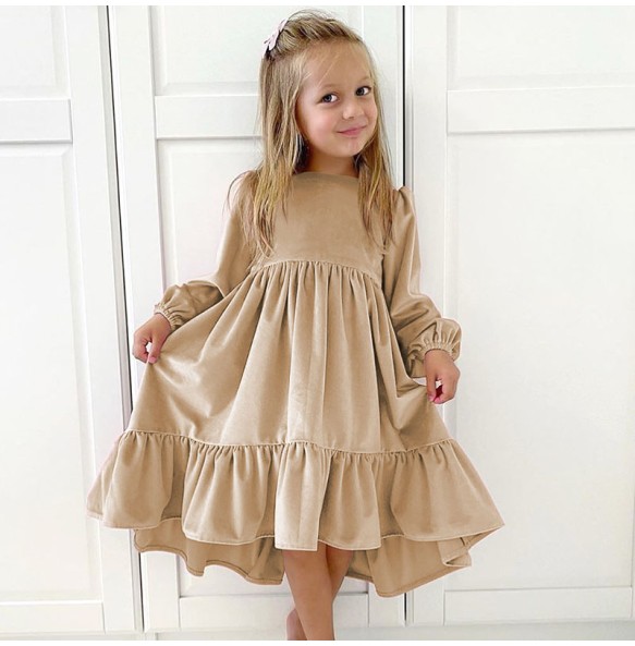 New 7-12 years Girls Spring Autumn Winter Velvet Long Sleeve Ruffle Hem Dress Princess Kids Party Dressess Children Clothing