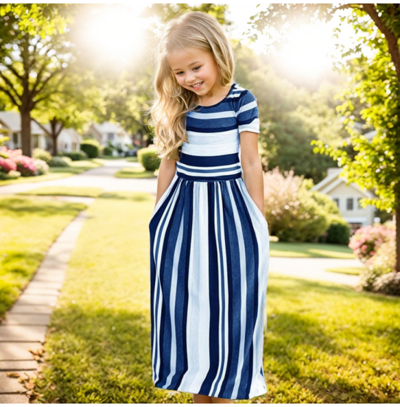 Baby Girl Striped Print Long Dress Toddler Girls Bohemian Flower Dress Kids Causal Clothes Polyester Soft Summer Beachwear Dress