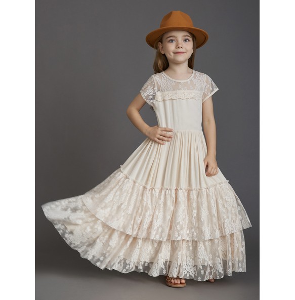 New 2024 Princess Girls Short Sleeve Lace Long Floor Dresses Baby Kids Flower Wedding Christmas Party Vestidos Children Clothing