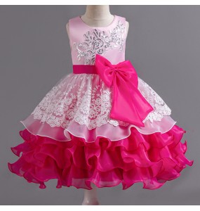 Summer New Girl's Sequin Color Block Sleeveless Mesh Dress with Big Bow Birthday Party School Graduation Evening Dress