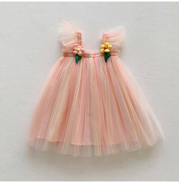 Summer Princess Girls Tulle Super Fairy Dresses Rainbow Flower Party Tutu Dress Children Mesh Puffy Birthday Vestidos Clothing