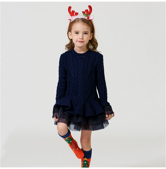 Baby Warm Girl Knitted Chiffon Dress Christmas Wedding Party Mini Tutu Dresses Winter Kids Girls Sweater Children Clothes Dress