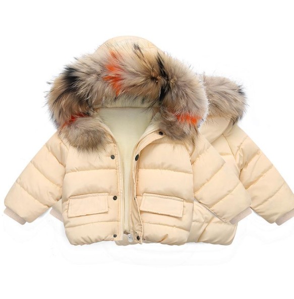 Boys and Girls Autumn and Winter New Solid Color Hooded Wool Collar with Plush and Thickened Windproof and Warm Cotton Coat